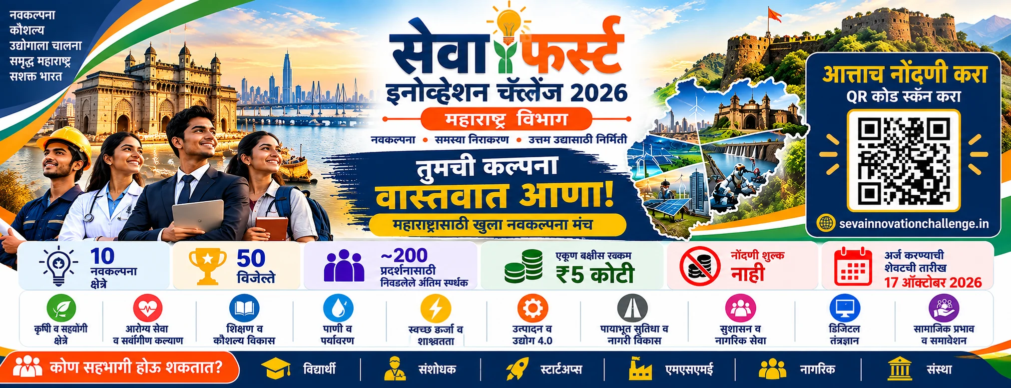 सेवा फर्स्ट इनोव्हेशन चॅलेंज 2026 — महाराष्ट्र विभाग — ₹5 कोटी — 10 नवकल्पना क्षेत्रे — अंतिम तारीख 17 ऑक्टोबर 2026